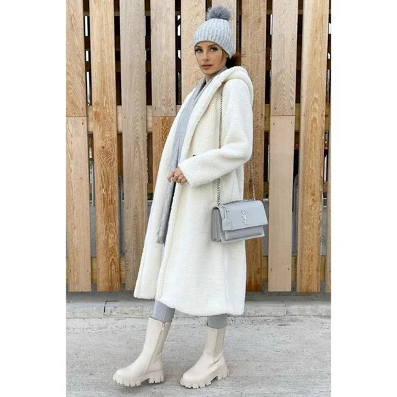 1 DAY SALE! Long Sleeve Hoodie Hooded Long Maxi Borg Teddy Bear Fur Coat - Picture 5 of 15